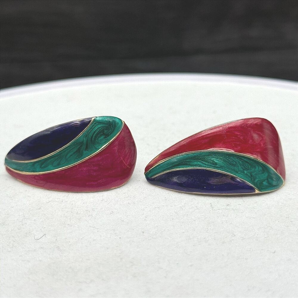 Vintage Blue Green Purple Resin Gold-Tone Aluminium Enamel Clip-On Earrings